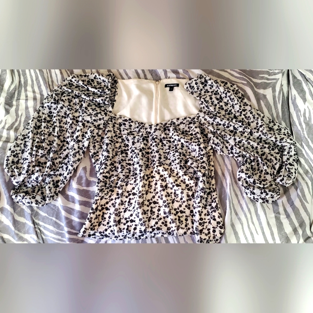 White Peasant Top with Black Floral Print | Sheer Lightweight Blouse | Size M